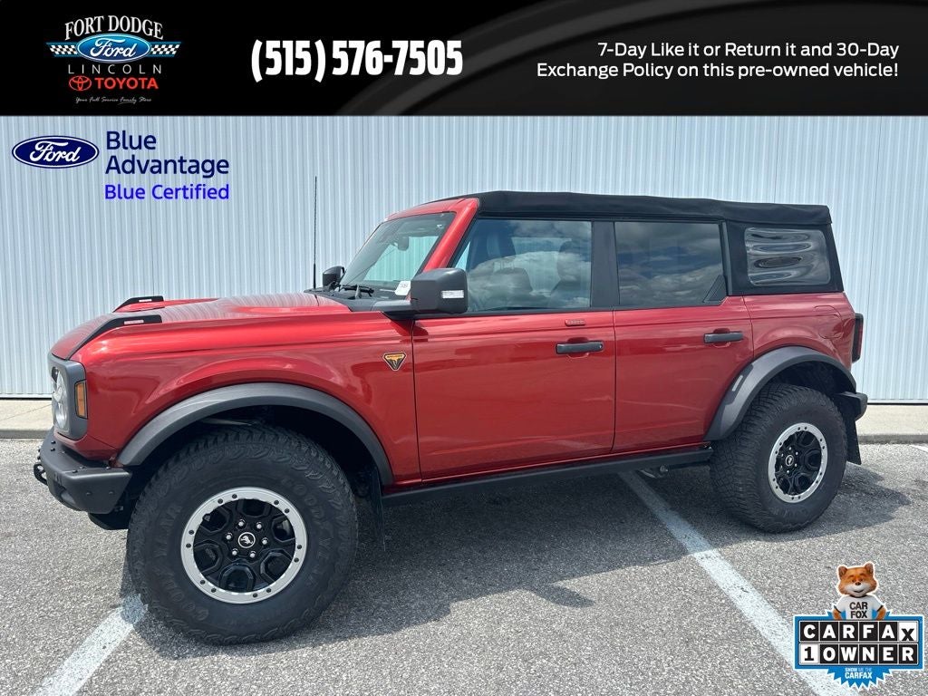 2022 Ford Bronco Badlands in Chili Pepper Red — front three-quarter view