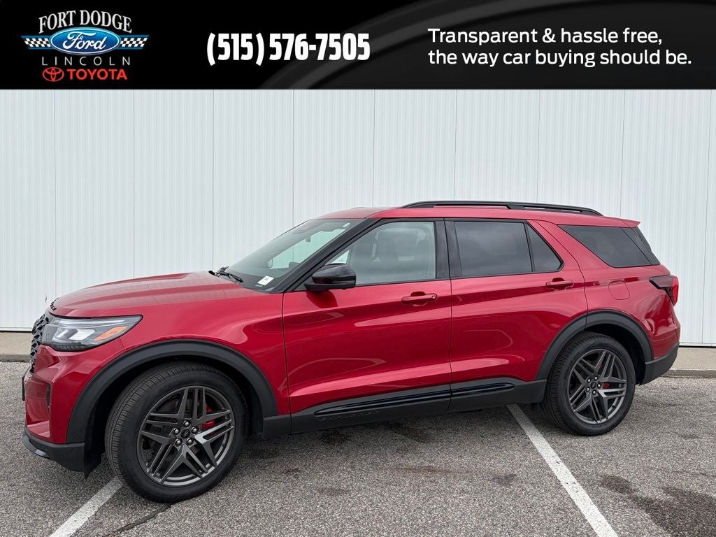 2026 Ford Explorer ST in Rapid Red Metallic Tinted Clearcoat — front three-quarter view