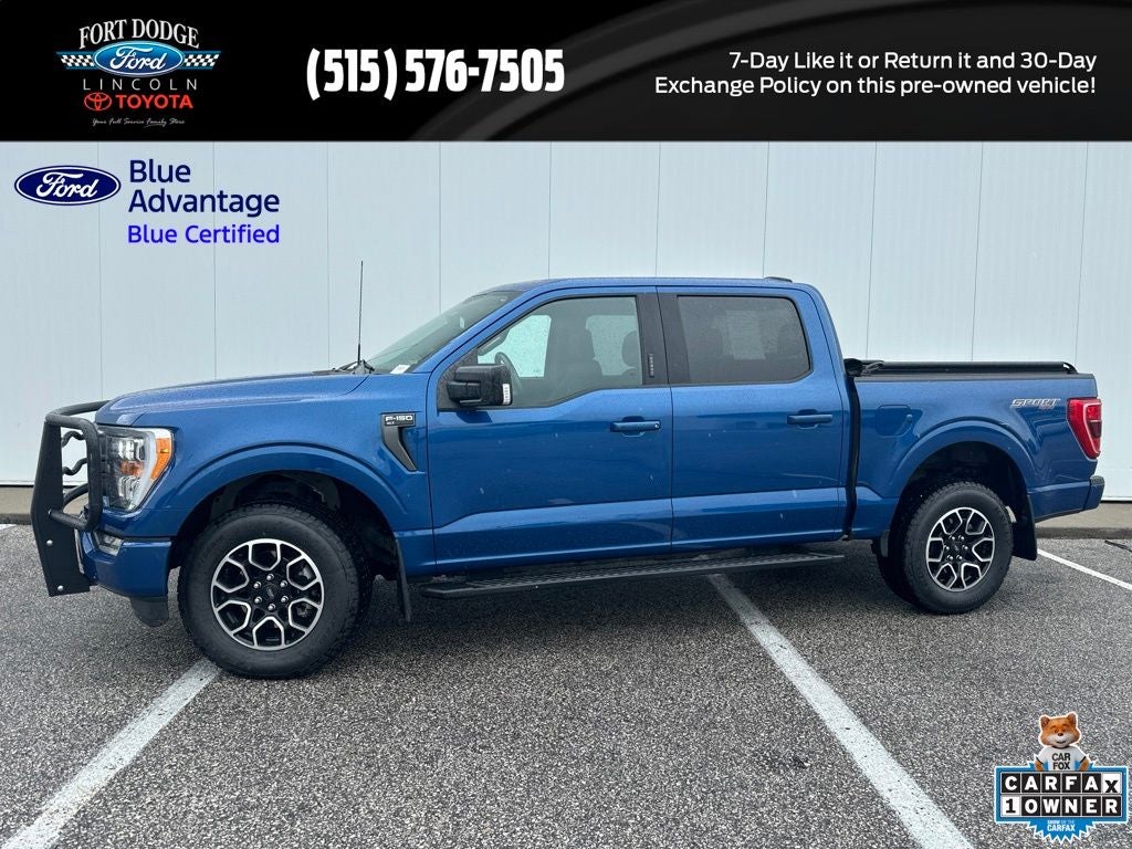 2022 Ford F-150 XLT in Atlas Blue Metallic — front three-quarter view