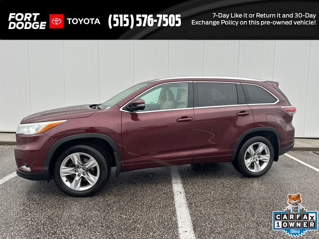2015 Toyota Highlander Limited in Ooh La La Rouge Mica — front three-quarter view