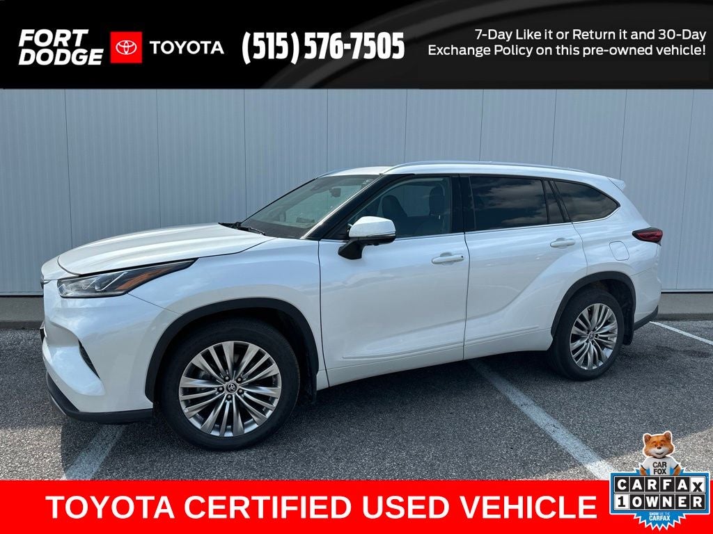 2023 Toyota Highlander Platinum in Wind Chill Pearl — front three-quarter view